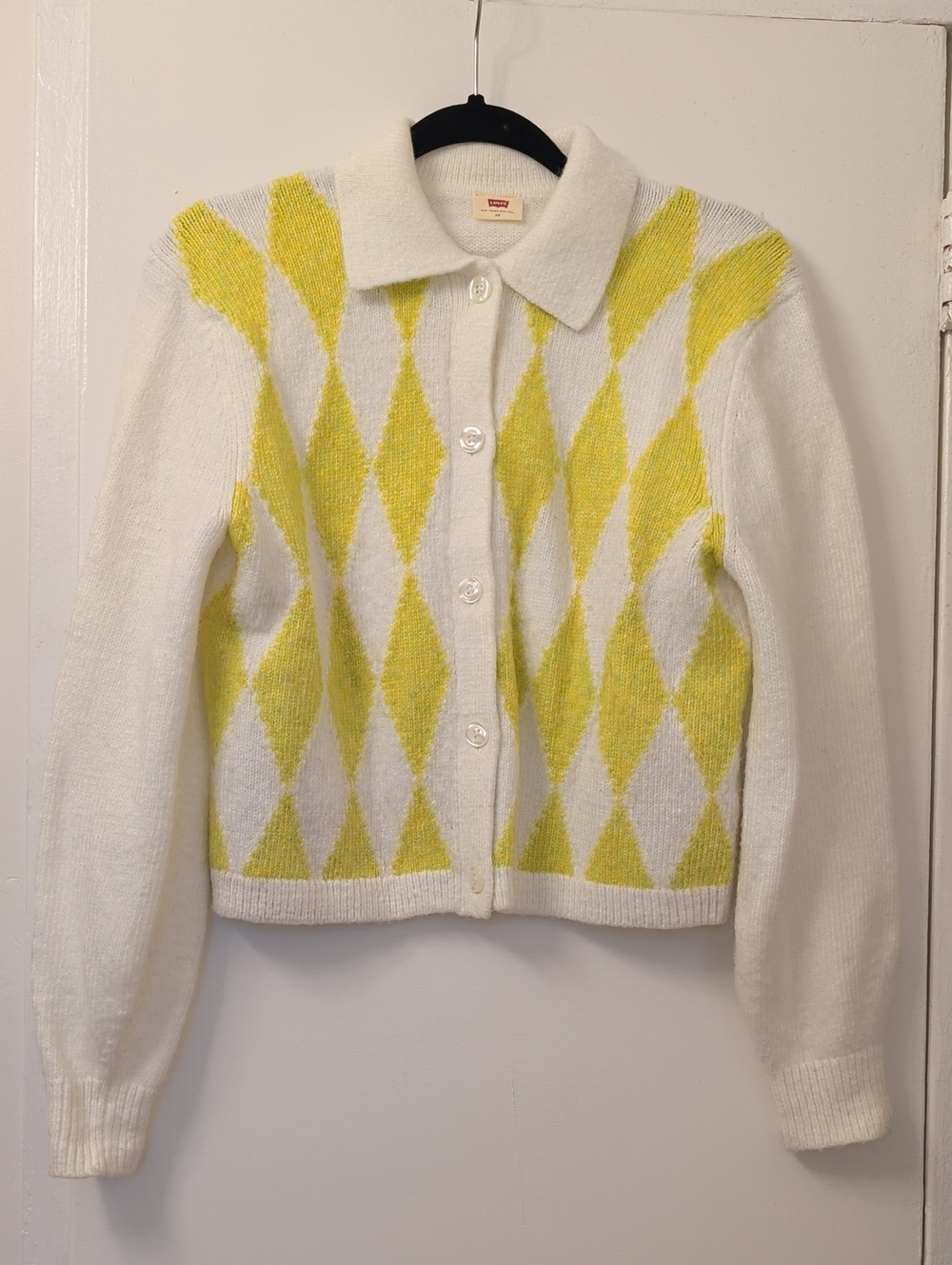 Levi's Yellow and White Argyle Cardigan Size XS
